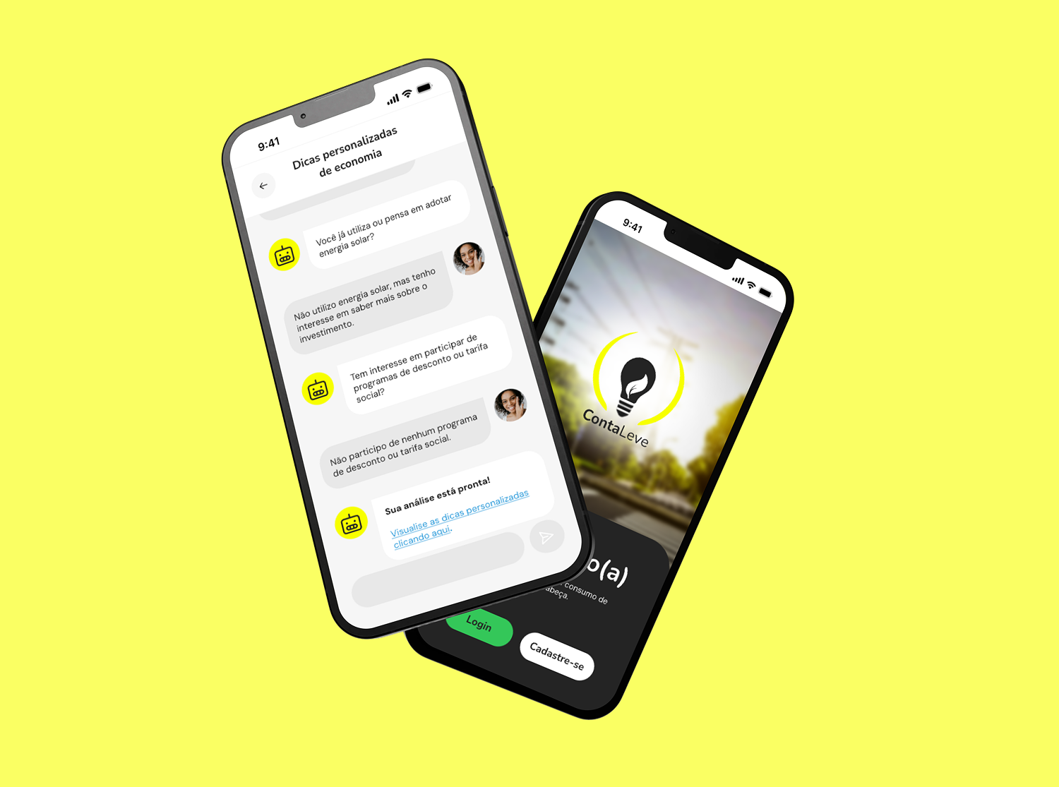 Mockup 3d de 2 smartphones Iphone 13 mini exibindo a tela de chat com a IA e outra exibindo a tela de boas vindas do app ContaLeve