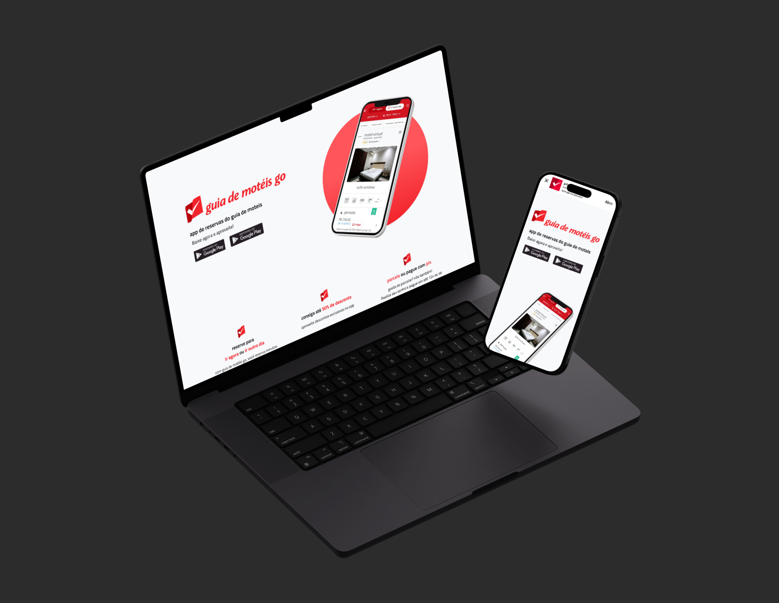 Mockup do redesign de uma landing page do Guia de Moteis Go em um notebook e em um smartphone